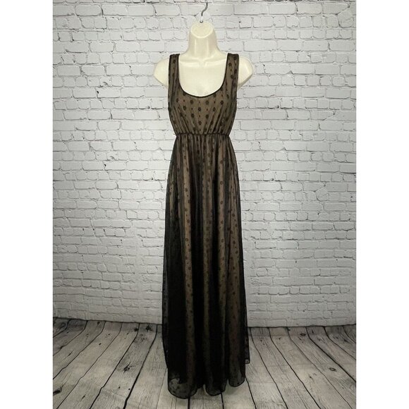 VTG Jenelle Black Nude Floral Lace Sleeveless Maxi Dress Empire Size Medium Tall - Picture 1 of 10